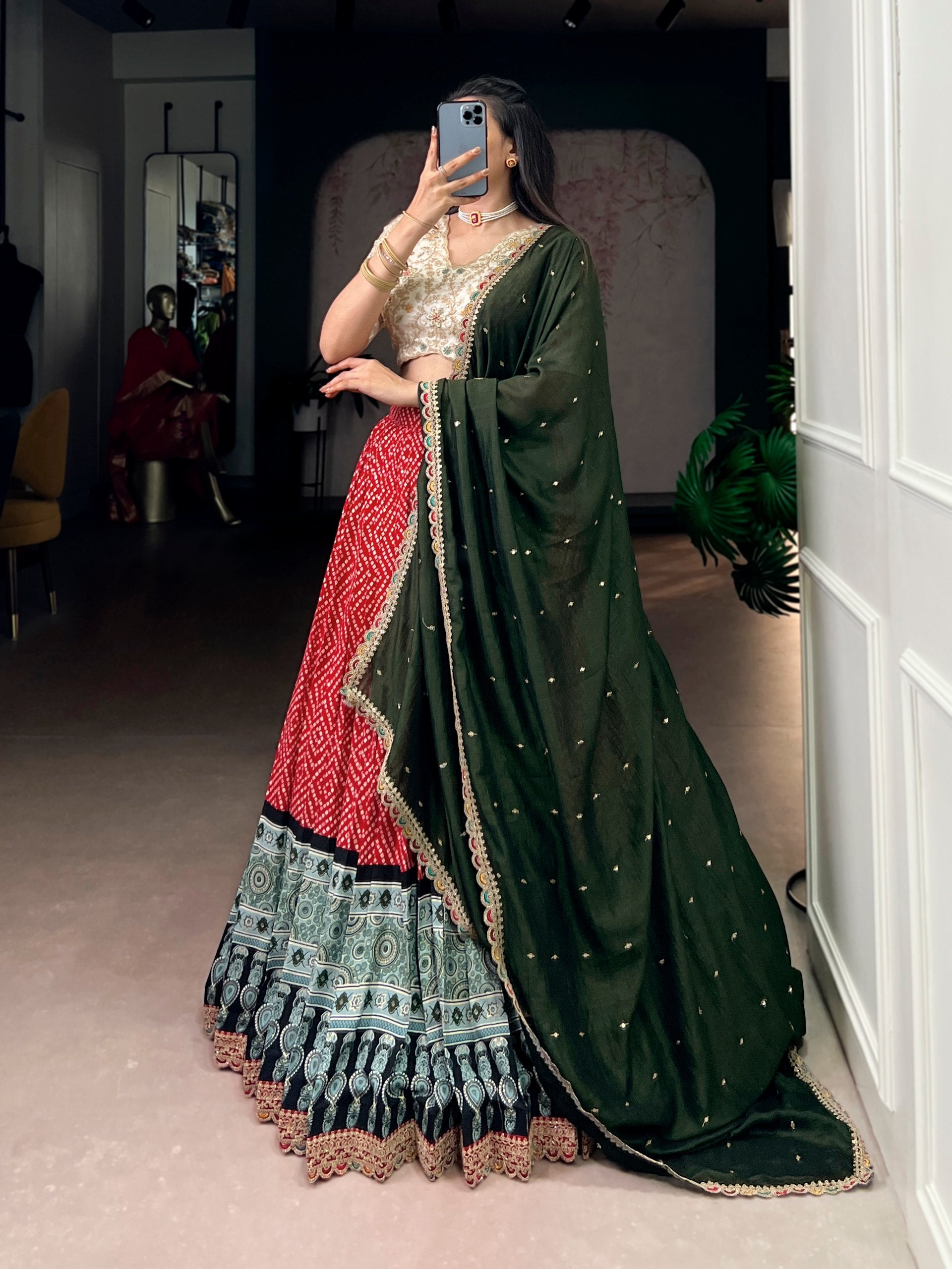 Red Pure Rayon Bandhej &amp; Ajarakh Print With Sequins Lehenga Choli 