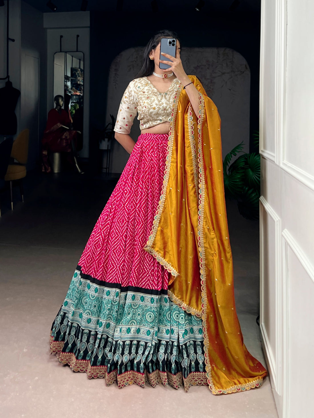 Pink Pure Rayon Bandhej &amp; Ajarakh Print With Sequins Lehenga Choli 