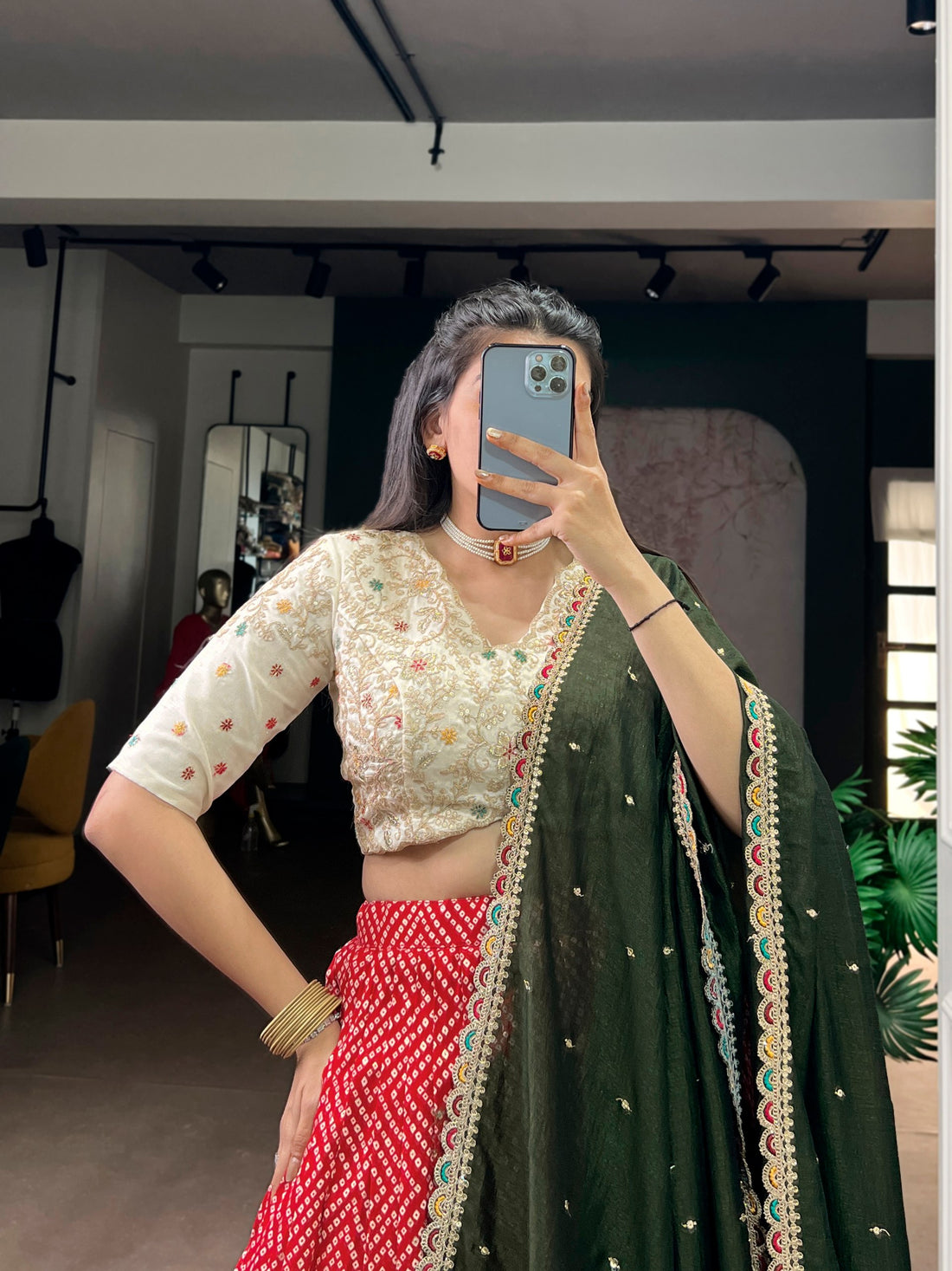 Red Pure Rayon Bandhej &amp; Ajarakh Print With Sequins Lehenga Choli 