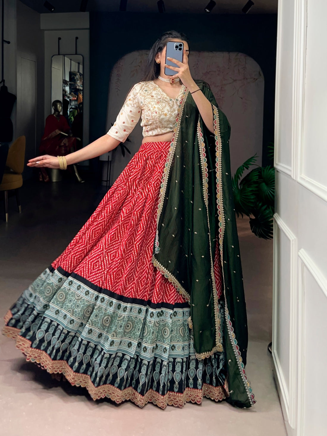 Red Pure Rayon Bandhej &amp; Ajarakh Print With Sequins Lehenga Choli 