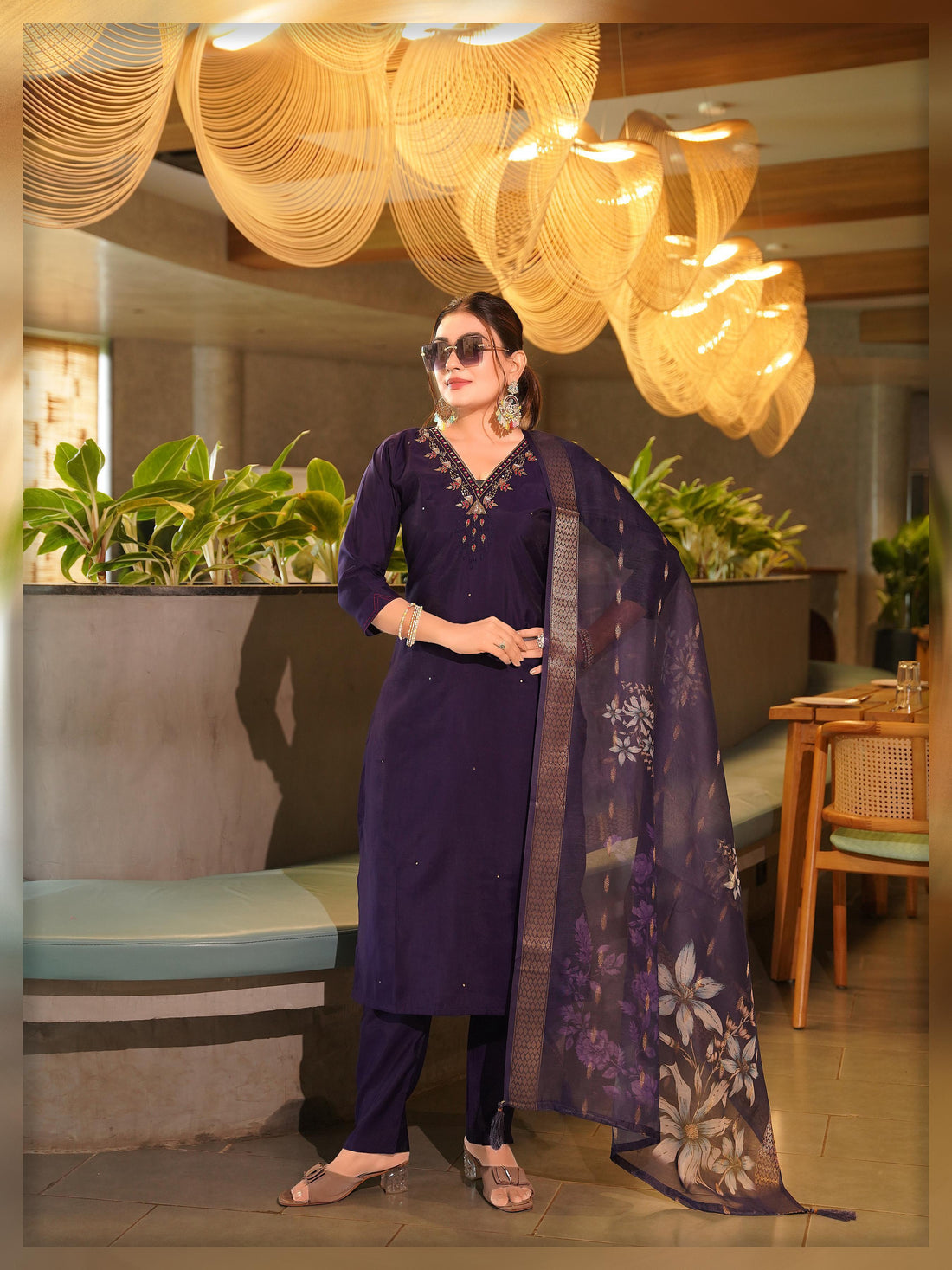 Purple Pure Premium Roman silk Kurti Pant Dupatta Set 
