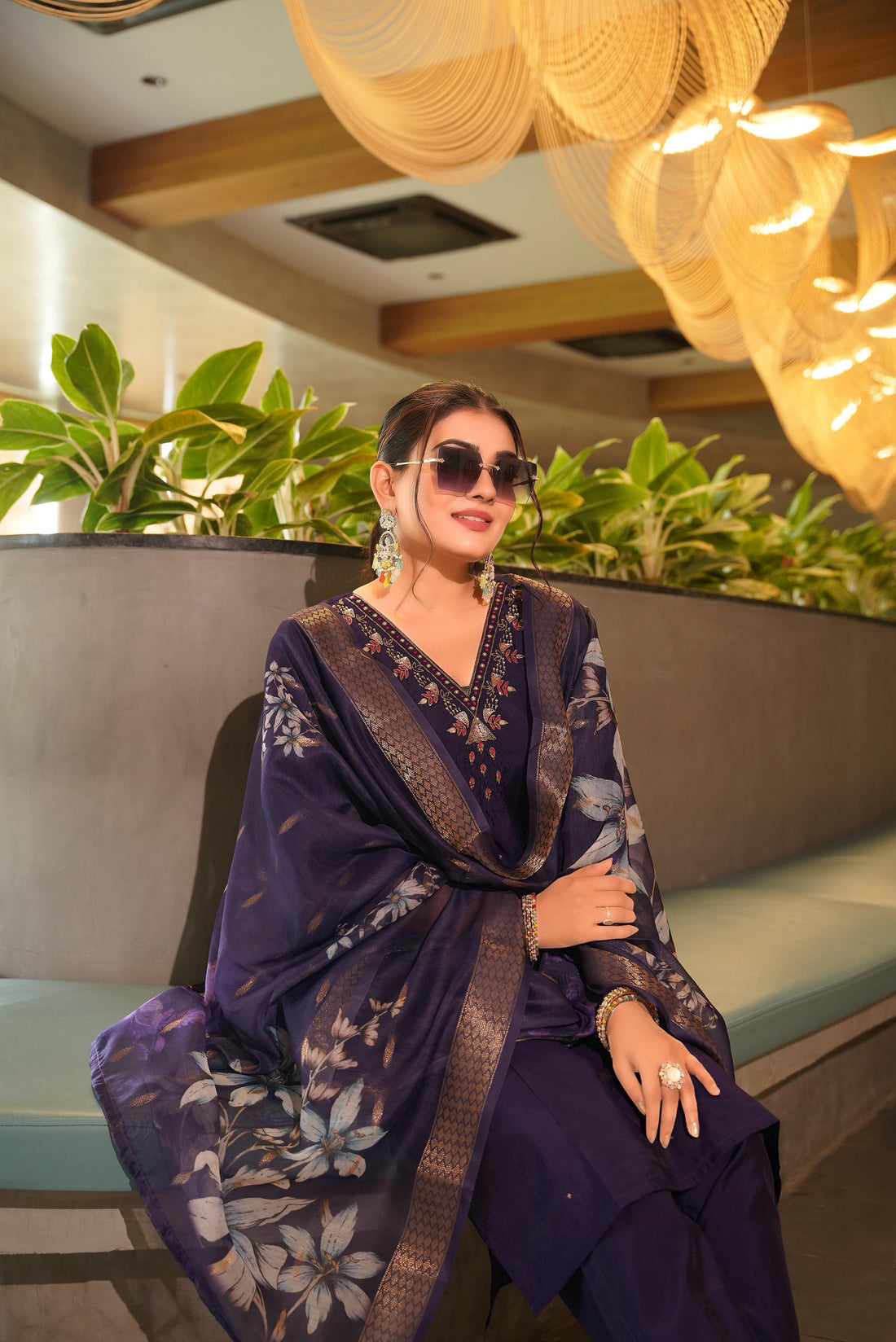 Purple Pure Premium Roman silk Kurti Pant Dupatta Set 