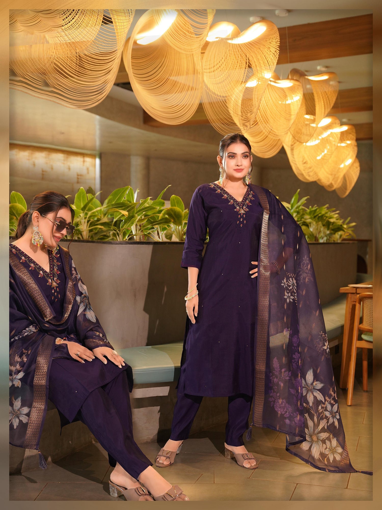 Purple Pure Premium Roman silk Kurti Pant Dupatta Set 