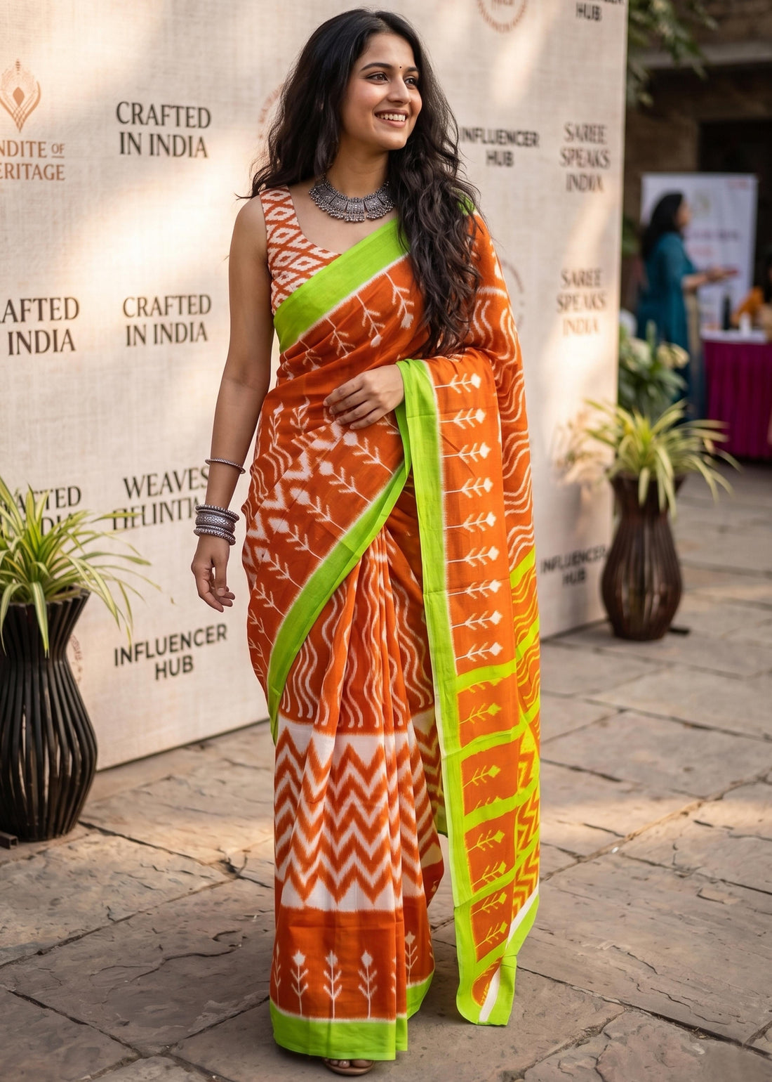 Orange Pure Soft Cotton Ikkat Block Print Cotton Saree 