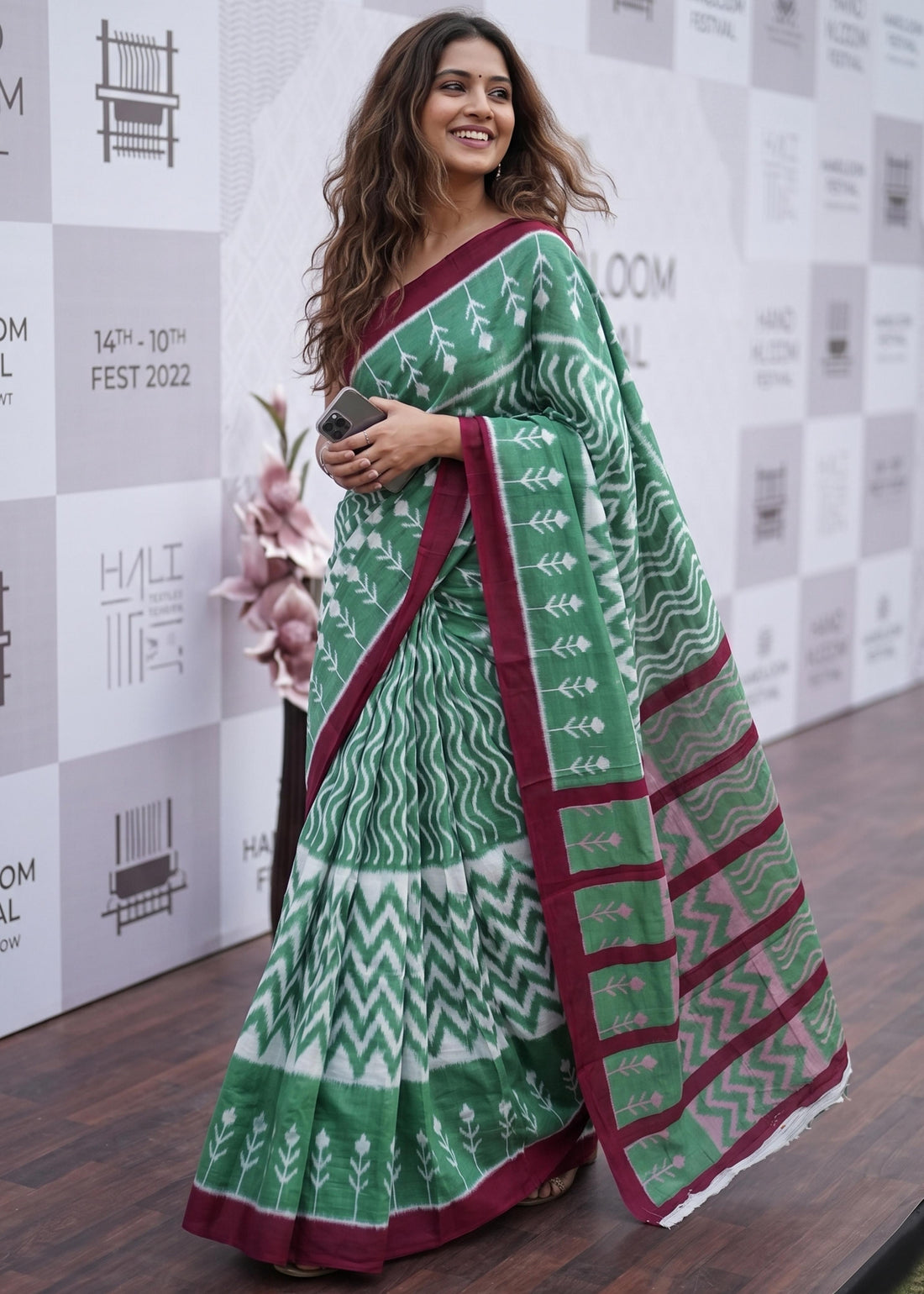 Green Pure Soft Cotton Ikkat Block Print Cotton Saree 