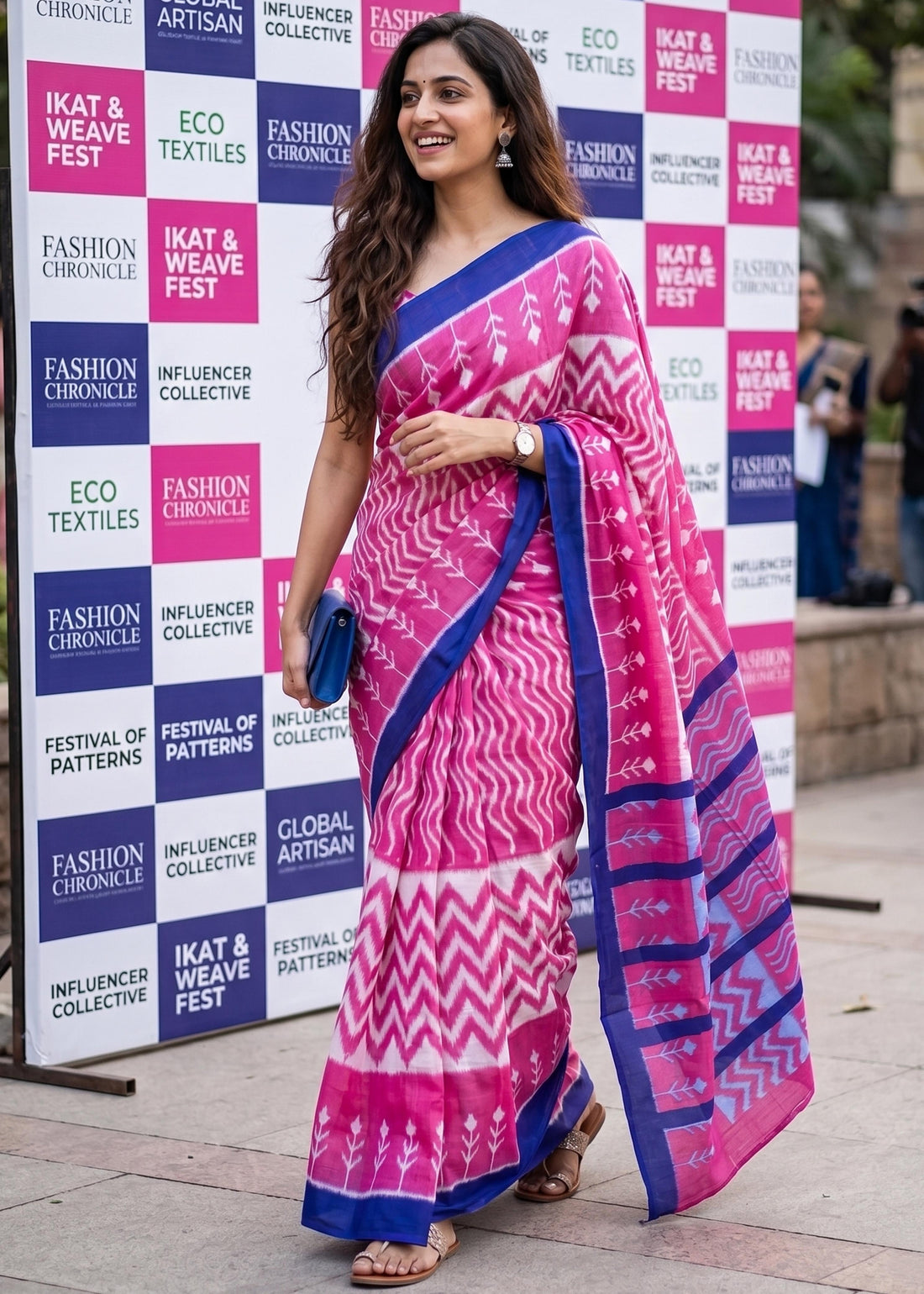 Pink Pure Soft Cotton Ikkat Block Print Cotton Saree 