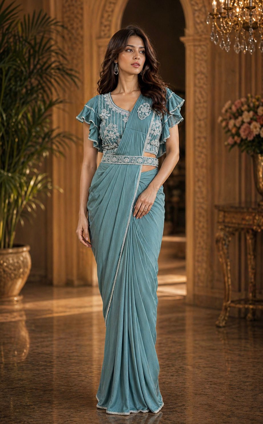 Dusty Blue Pure Imported Lycra Silk Ready to Wear Saree
