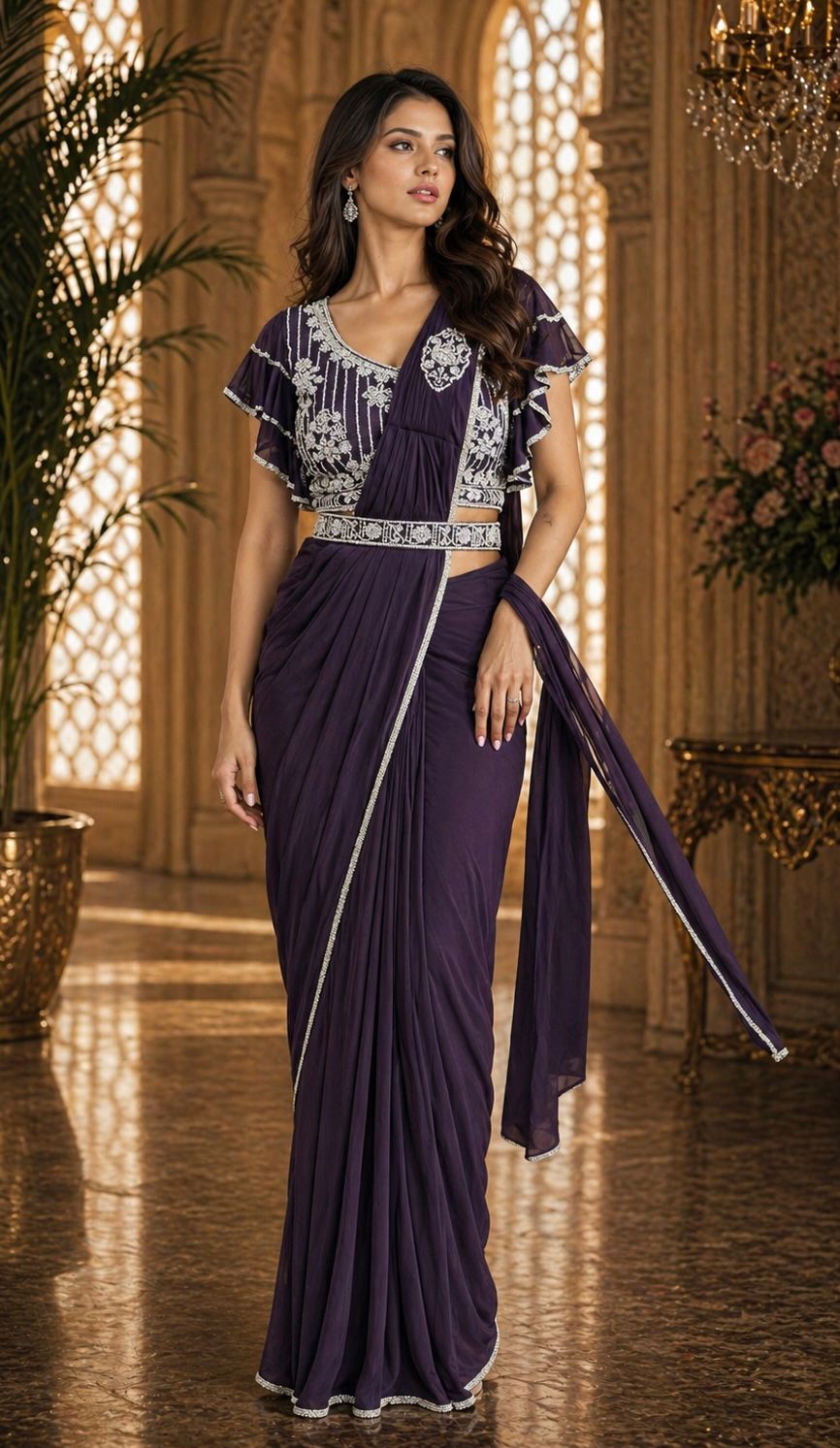 Purple Pure Imported Lycra Silk Ready to Wear Saree