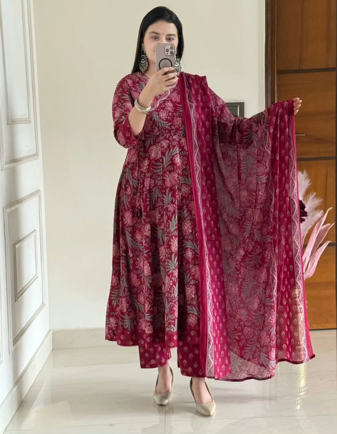 Cream Pure Premium Jaipuri Cotton Pure 60x60 Kurti Pant Dupatta Set 
