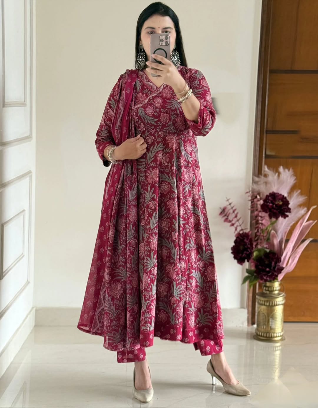 Cream Pure Premium Jaipuri Cotton Pure 60x60 Kurti Pant Dupatta Set 