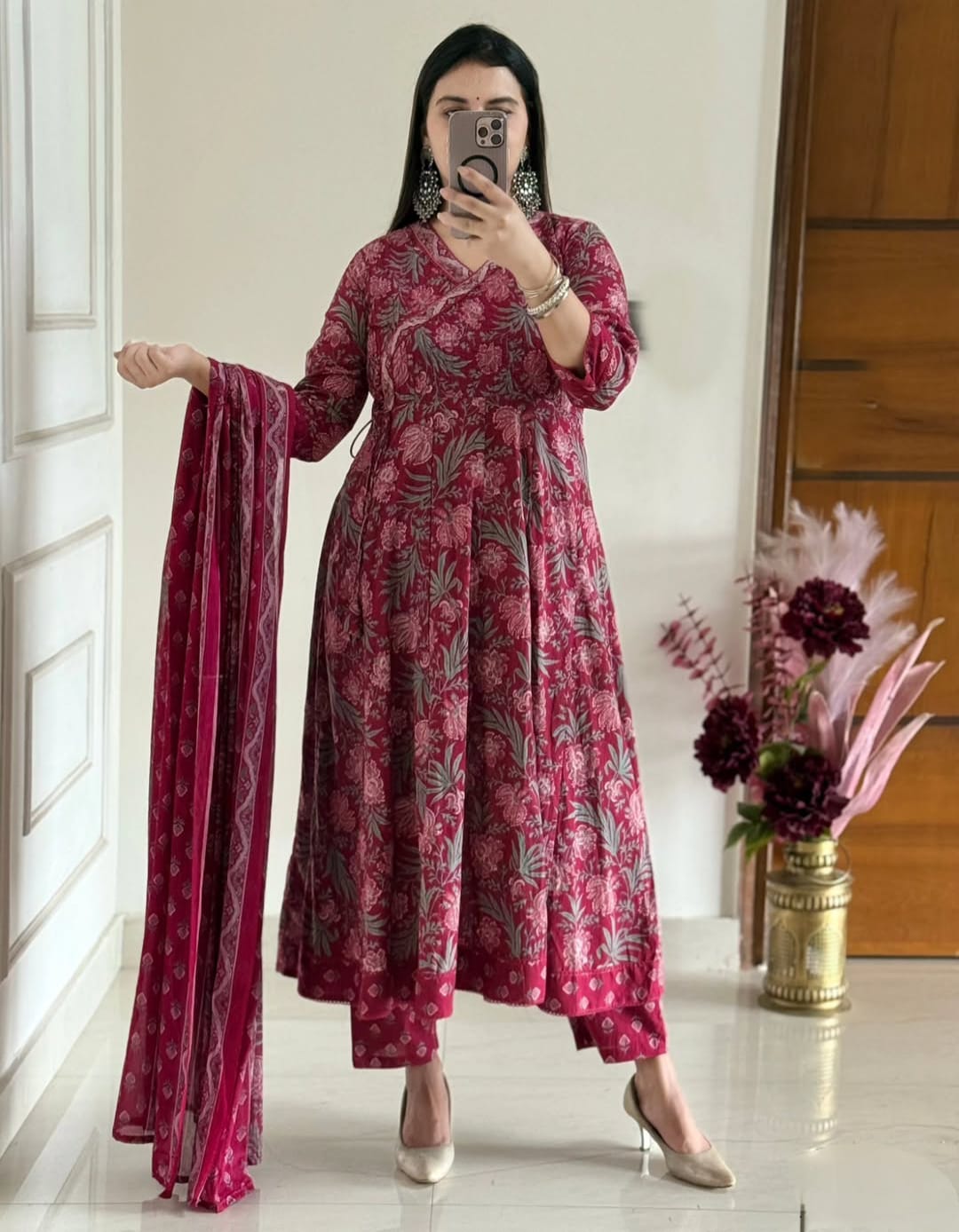 Cream Pure Premium Jaipuri Cotton Pure 60x60 Kurti Pant Dupatta Set 
