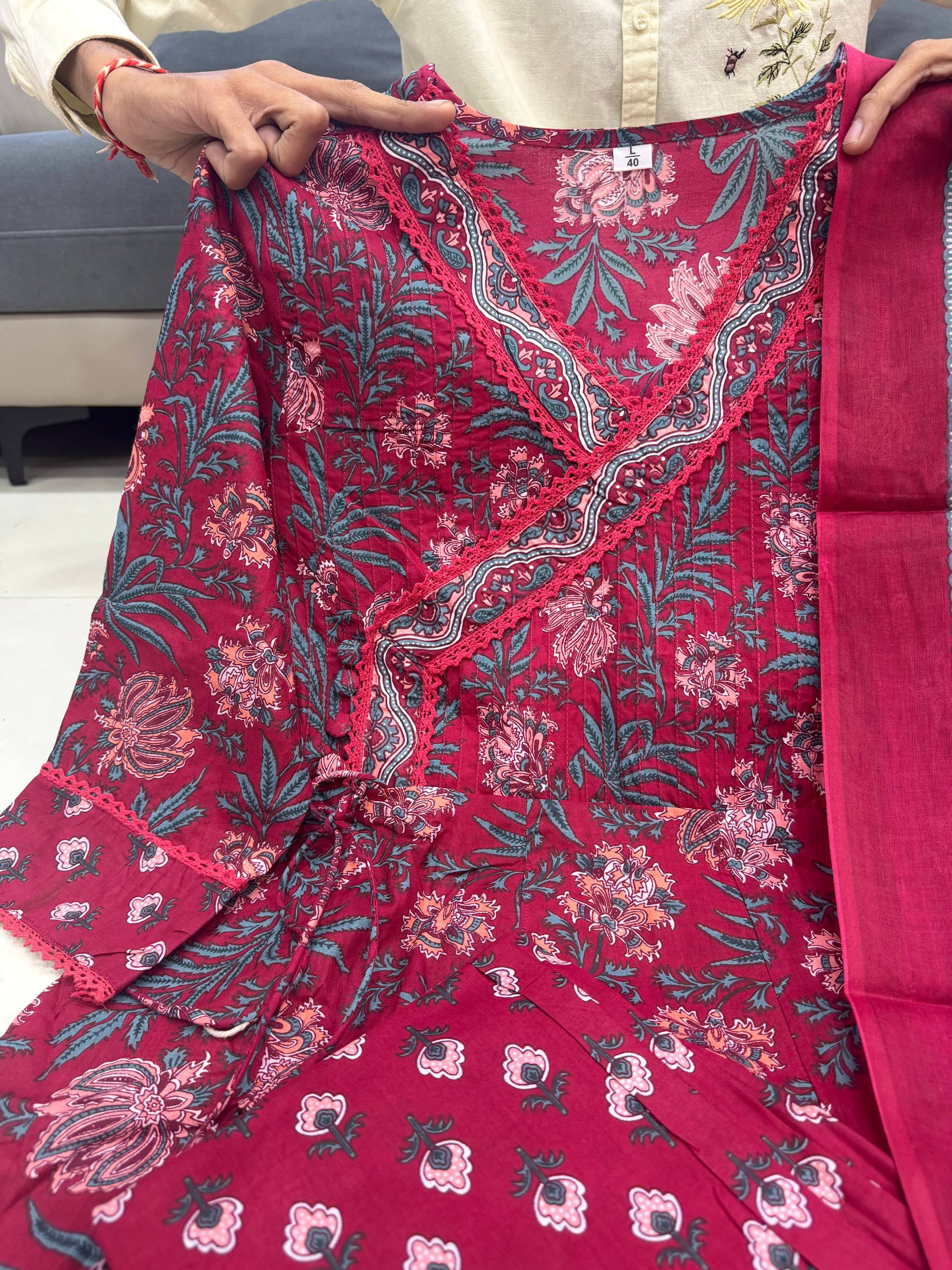 Cream Pure Premium Jaipuri Cotton Pure 60x60 Kurti Pant Dupatta Set 