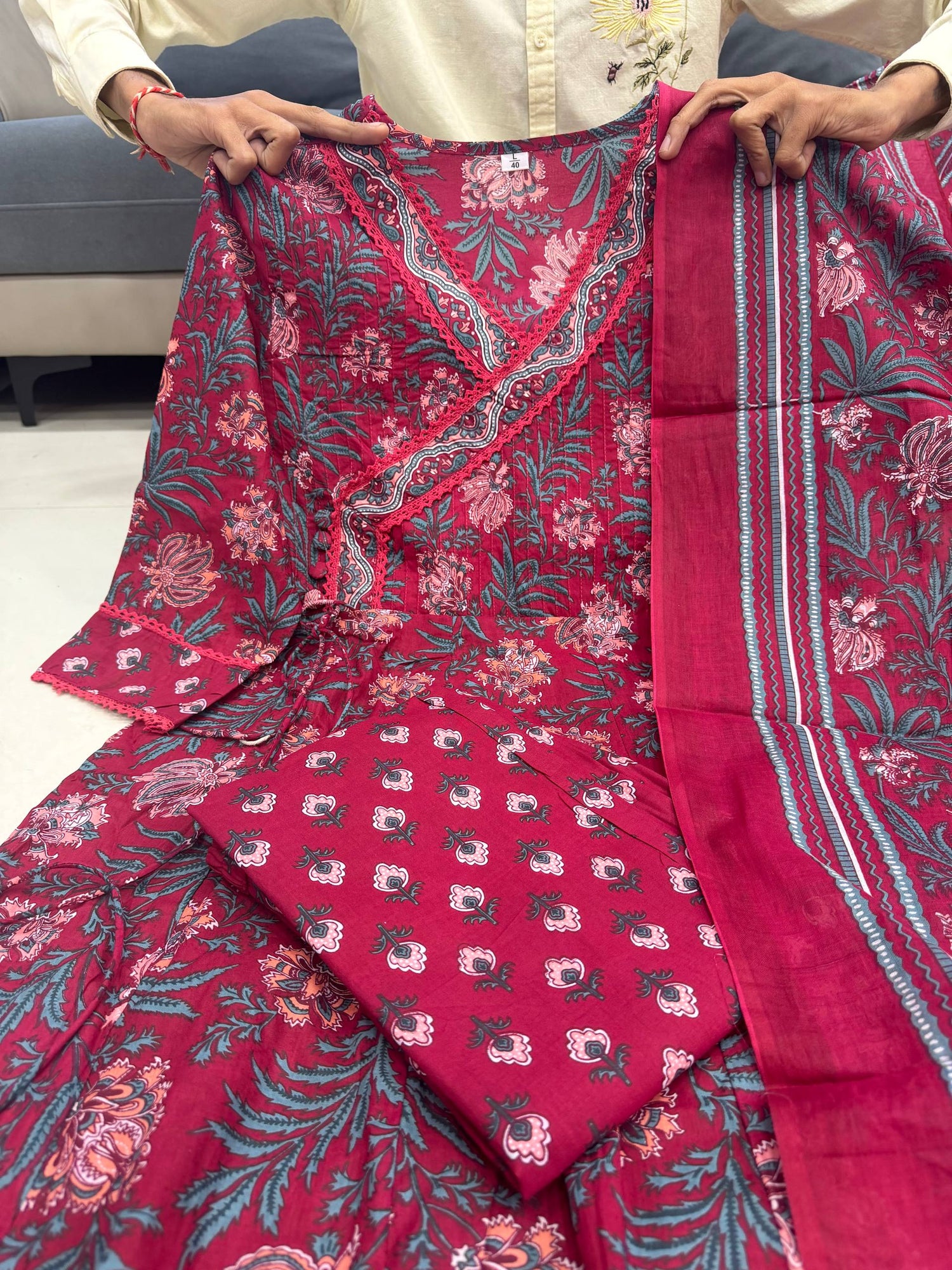Cream Pure Premium Jaipuri Cotton Pure 60x60 Kurti Pant Dupatta Set 