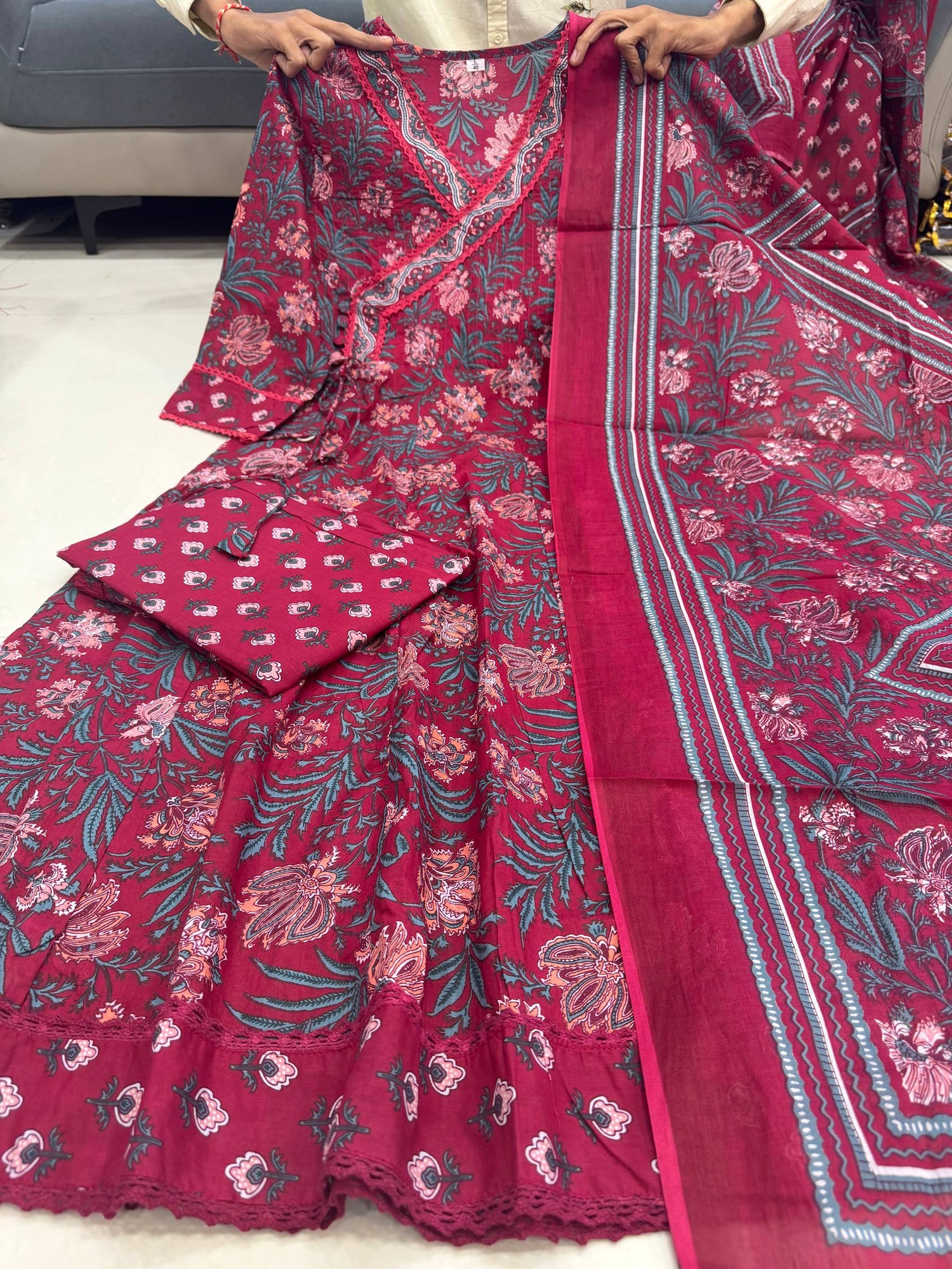 Cream Pure Premium Jaipuri Cotton Pure 60x60 Kurti Pant Dupatta Set 