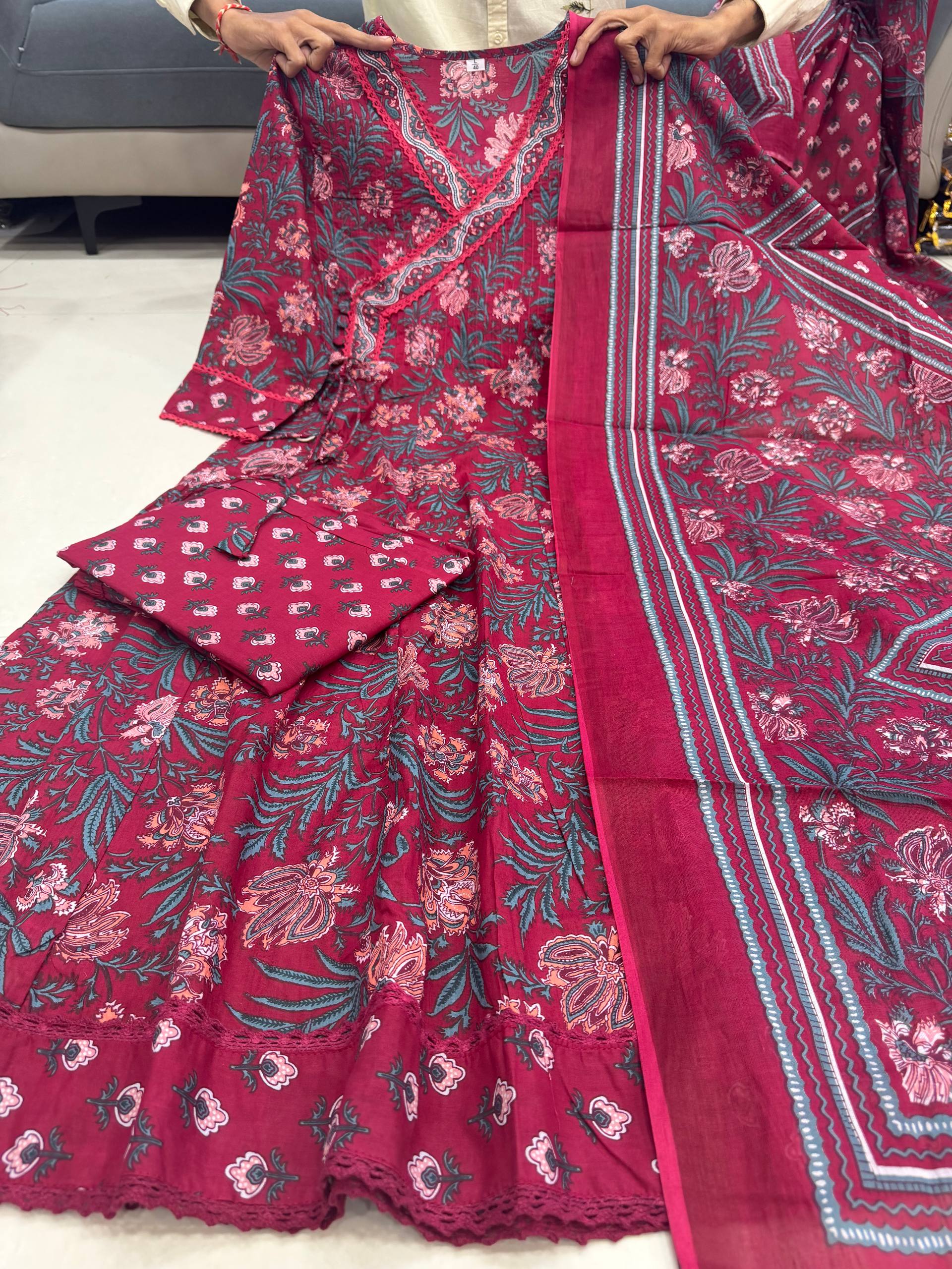 Cream Pure Premium Jaipuri Cotton Pure 60x60 Kurti Pant Dupatta Set 