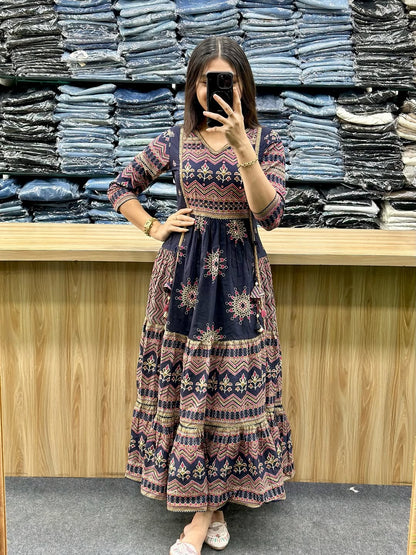 Navy Blue Pure Cotton 60x60 Kurti Pant Dupatta Set 