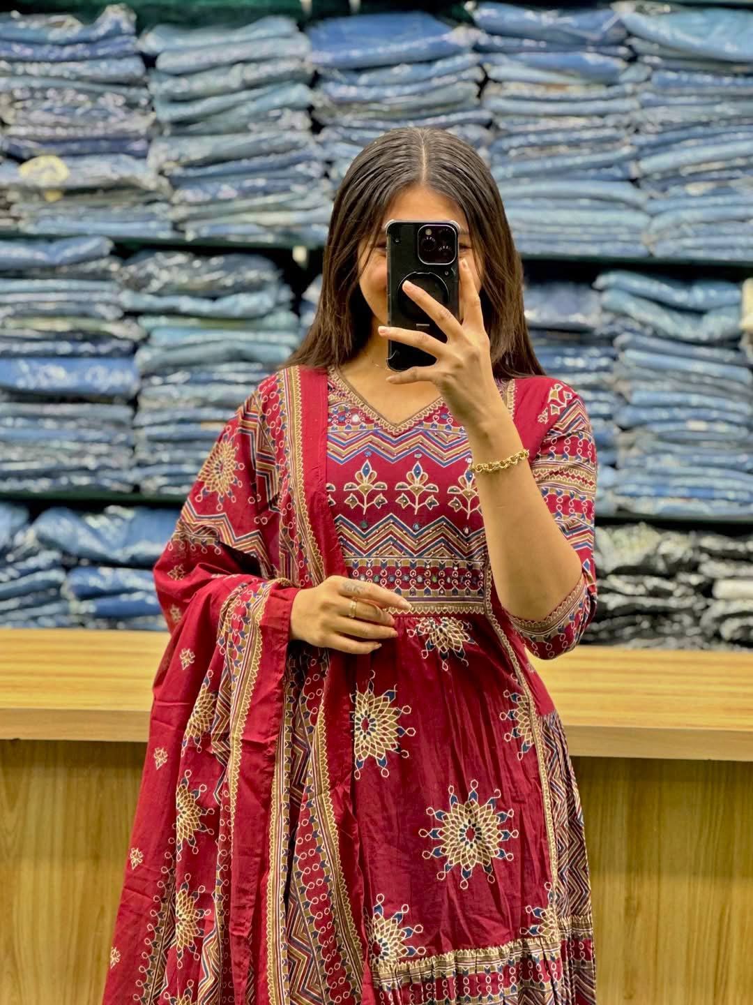 Red Pure Cotton 60x60 Kurti Pant Dupatta Set 