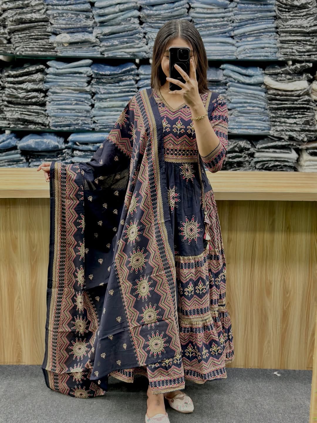 Navy Blue Pure Cotton 60x60 Kurti Pant Dupatta Set 