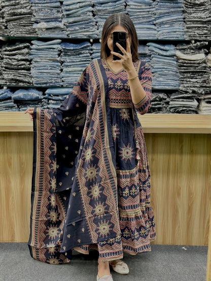 Navy Blue Pure Cotton 60x60 Kurti Pant Dupatta Set 