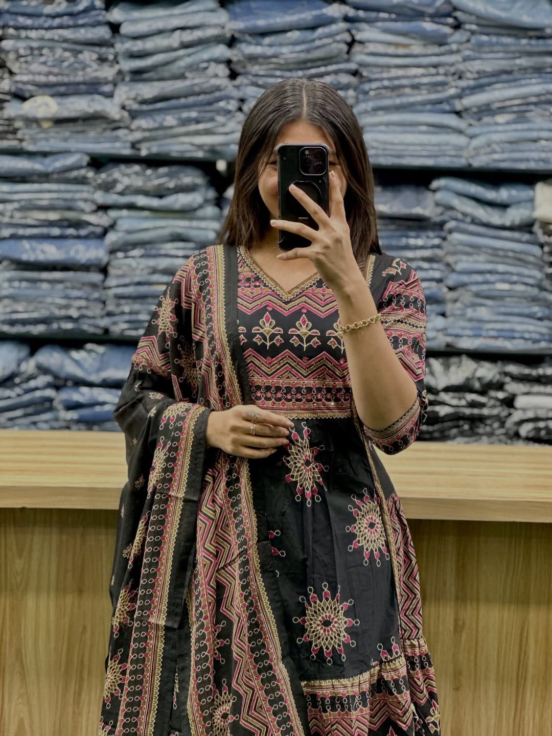 Black Pure Cotton 60x60 Kurti Pant Dupatta Set 