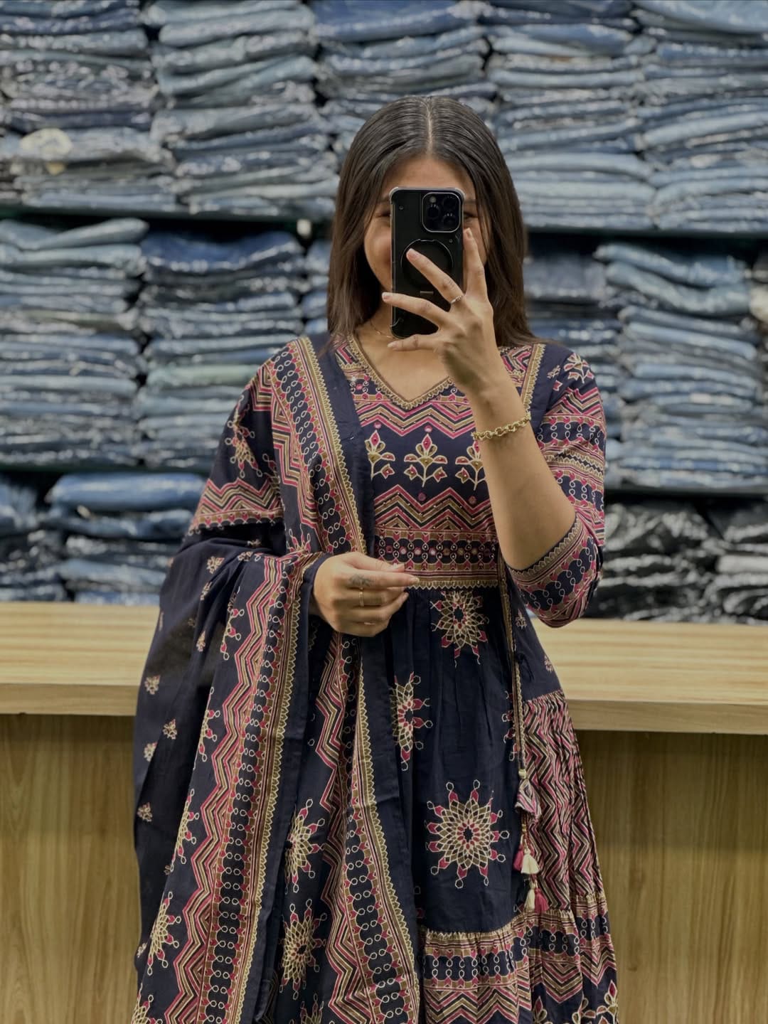 Navy Blue Pure Cotton 60x60 Kurti Pant Dupatta Set 