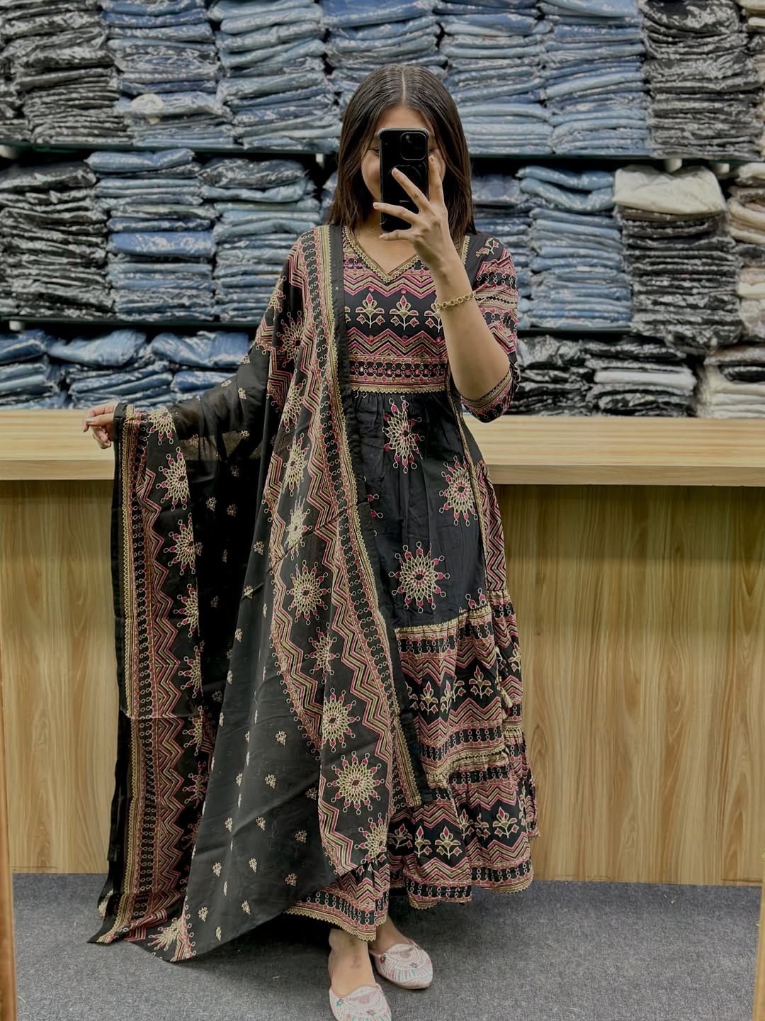 Black Pure Cotton 60x60 Kurti Pant Dupatta Set 