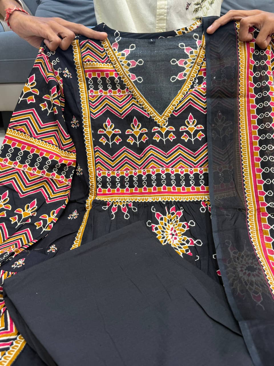 Black Pure Cotton 60x60 Kurti Pant Dupatta Set 