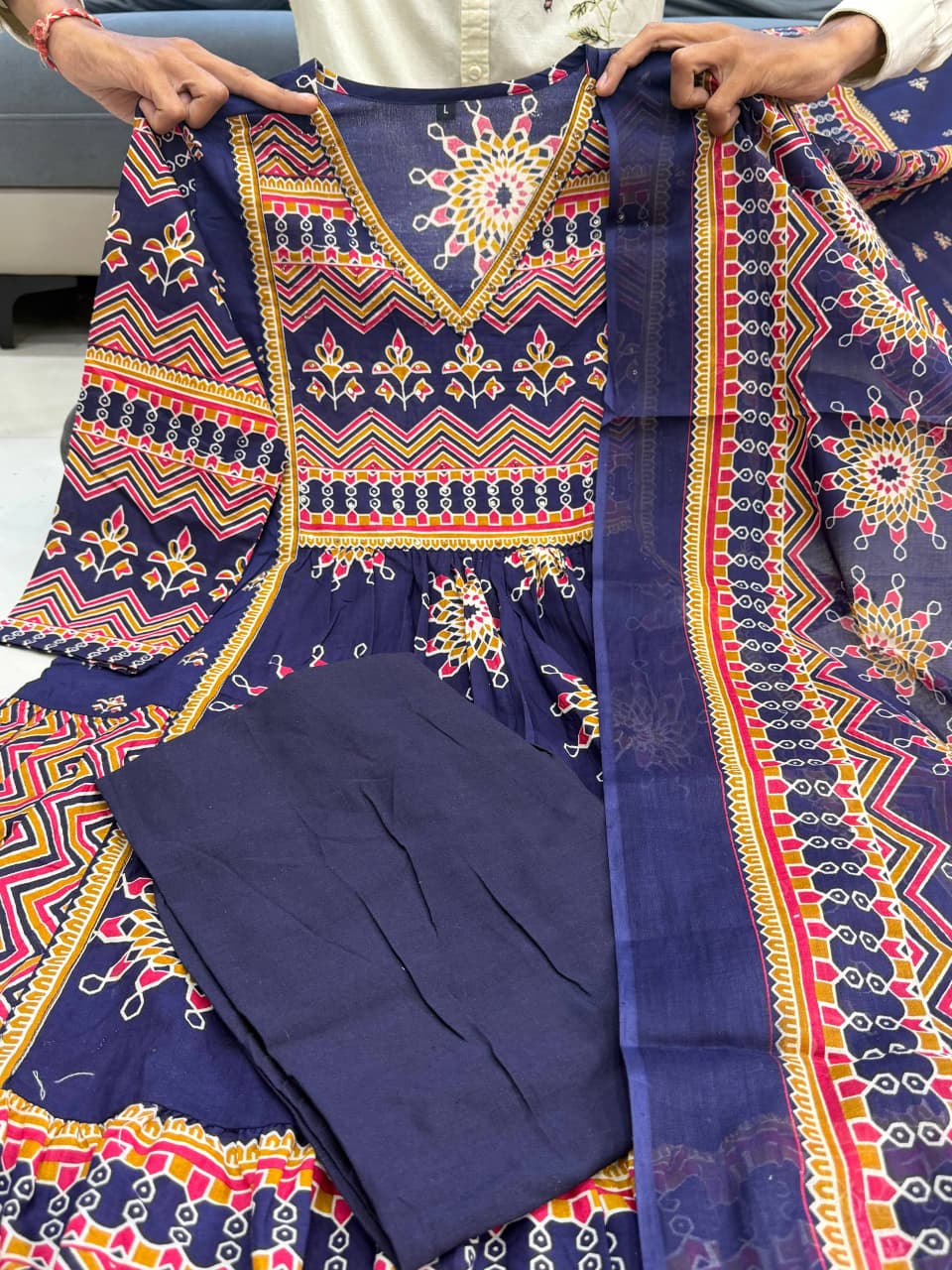 Navy Blue Pure Cotton 60x60 Kurti Pant Dupatta Set 