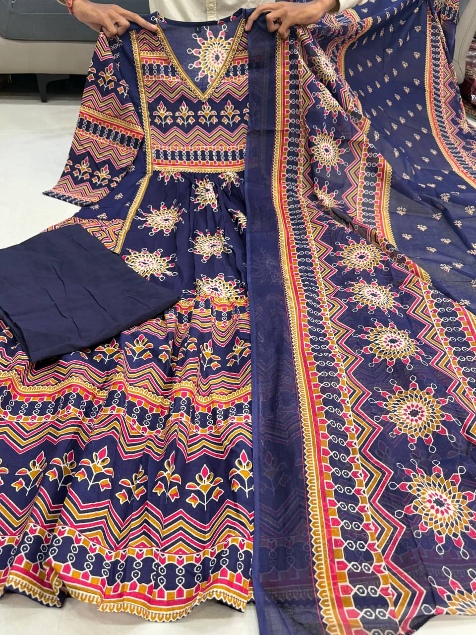 Navy Blue Pure Cotton 60x60 Kurti Pant Dupatta Set 