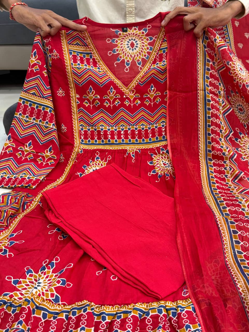 Red Pure Cotton 60x60 Kurti Pant Dupatta Set 