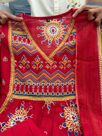 Red Pure Cotton 60x60 Kurti Pant Dupatta Set 