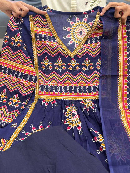 Navy Blue Pure Cotton 60x60 Kurti Pant Dupatta Set 