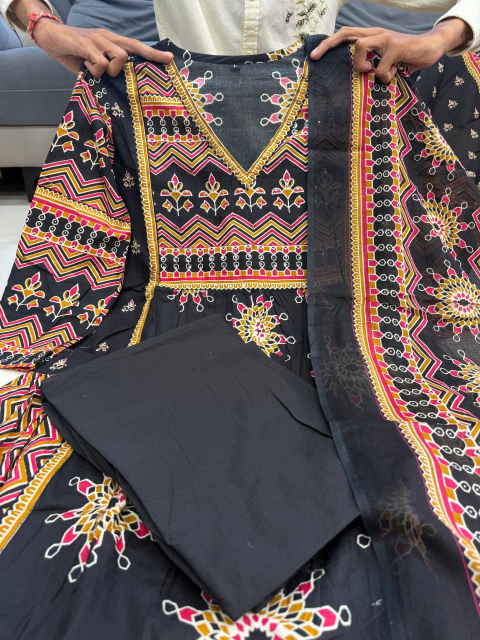 Black Pure Cotton 60x60 Kurti Pant Dupatta Set 