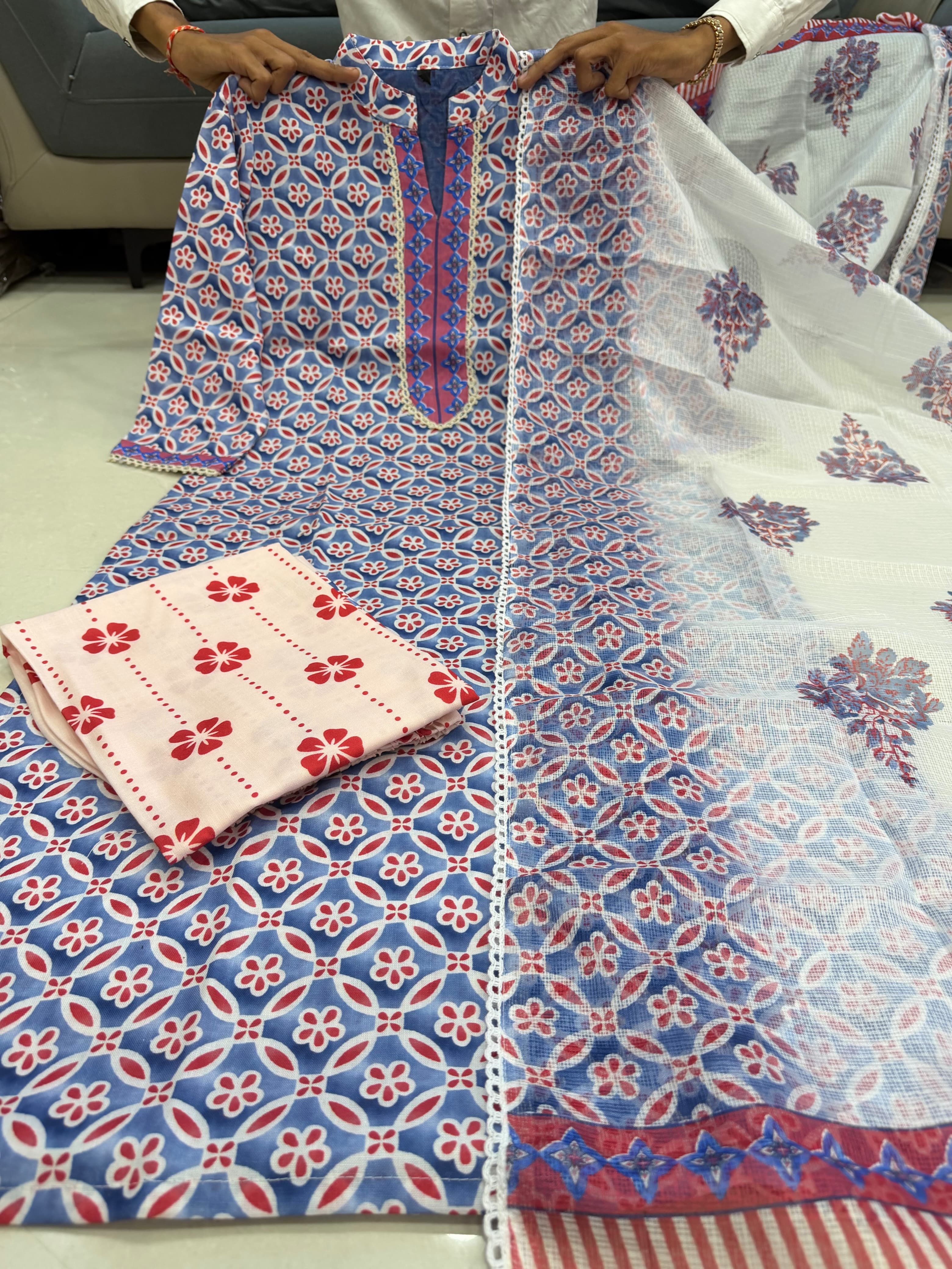 Blue Pure Pure Lilan Silk Heavy Printed Kurti Pant Dupatta Set 