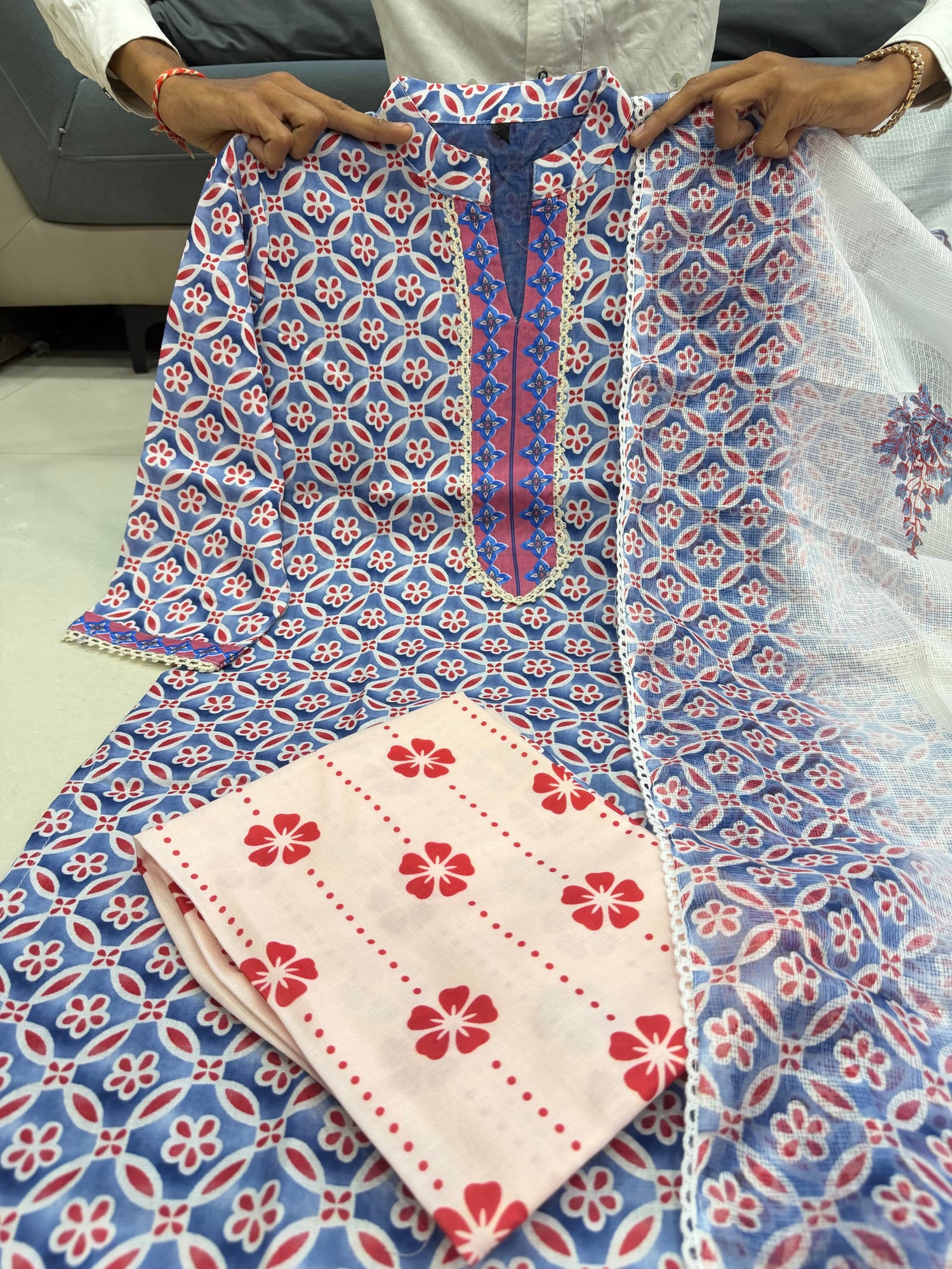 Blue Pure Pure Lilan Silk Heavy Printed Kurti Pant Dupatta Set 