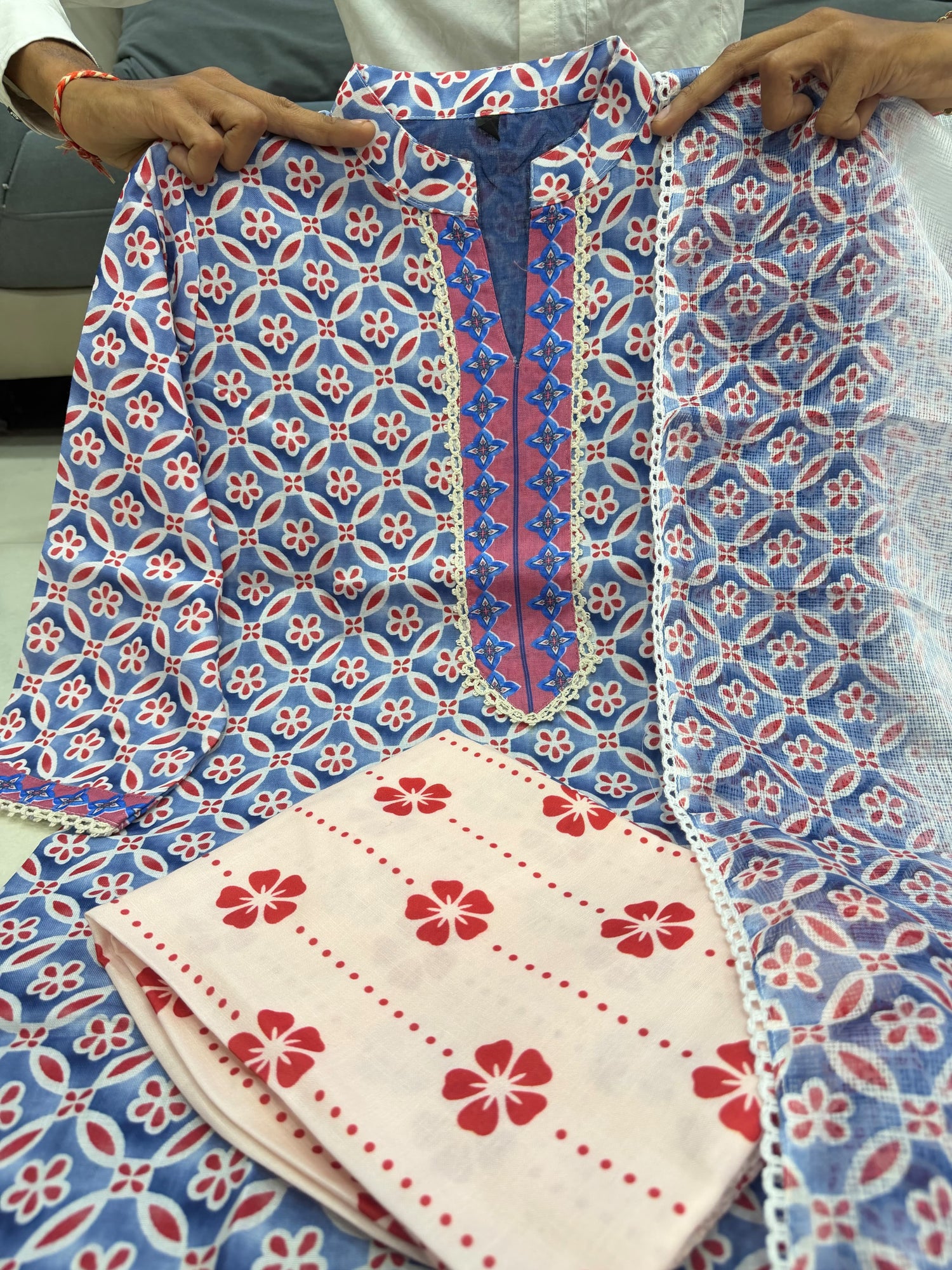 Blue Pure Pure Lilan Silk Heavy Printed Kurti Pant Dupatta Set 