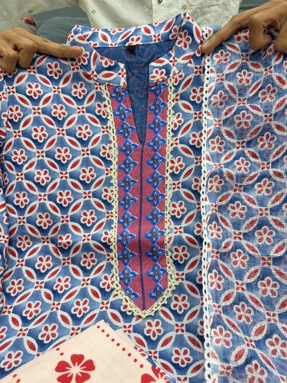 Blue Pure Pure Lilan Silk Heavy Printed Kurti Pant Dupatta Set 