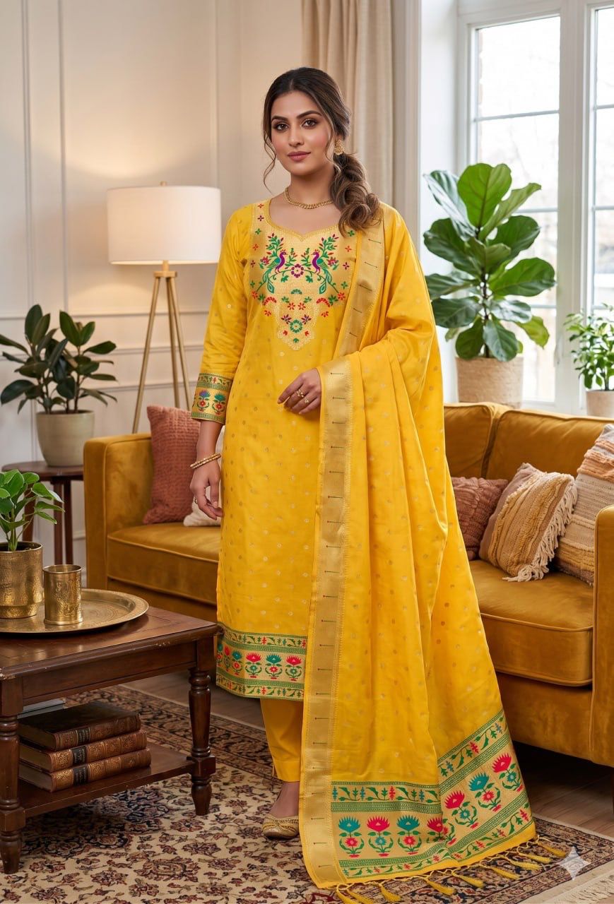 Yellow Pure Zari Banarasi Silk Kurti Pant Dupatta Set 