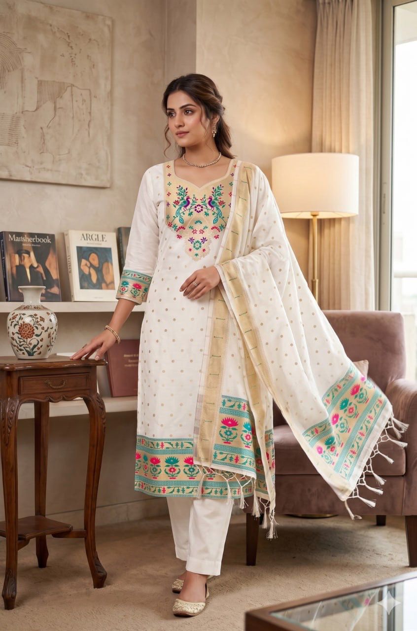 White Pure Zari Banarasi Silk Kurti Pant Dupatta Set 