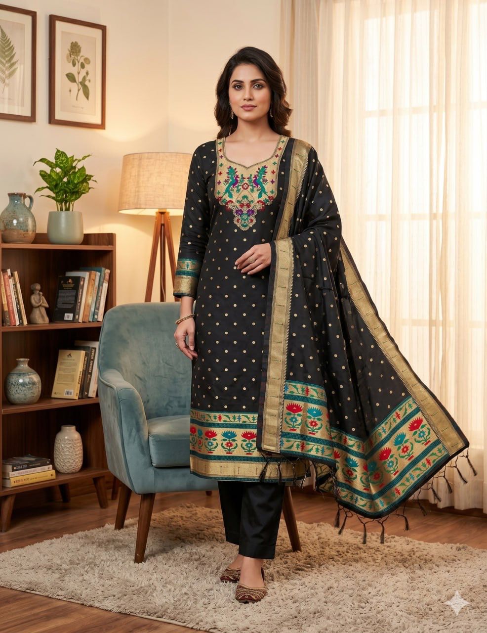 Black Pure Zari Banarasi Silk Kurti Pant Dupatta Set 