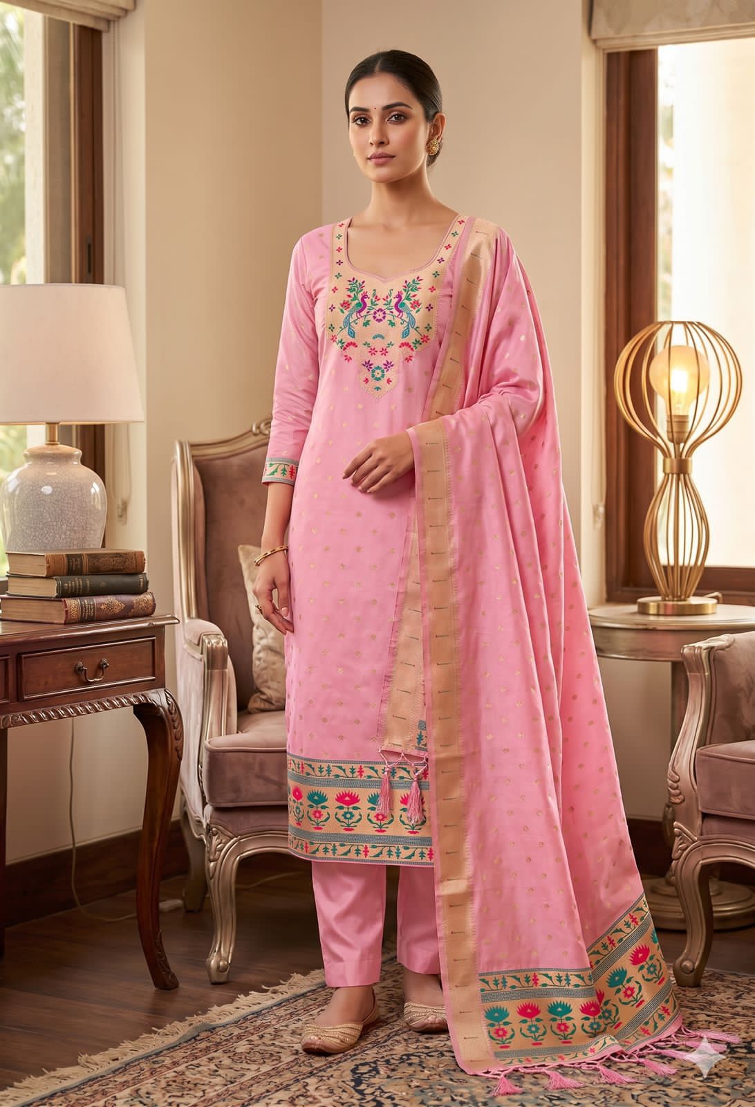 Baby Pink Pure Zari Banarasi Silk Kurti Pant Dupatta Set 