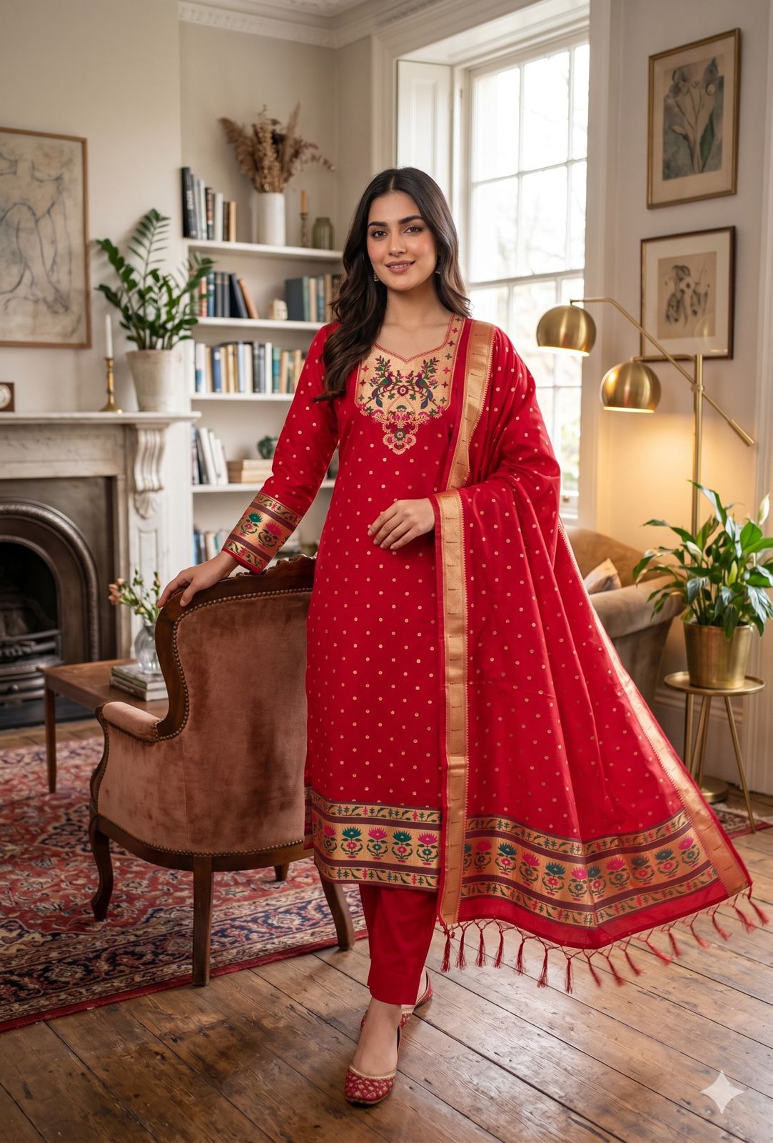 Red Pure Zari Banarasi Silk Kurti Pant Dupatta Set 