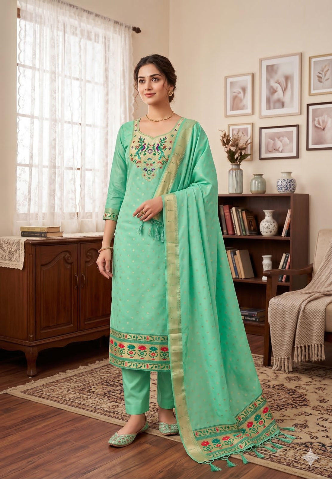 Sea Green Pure Zari Banarasi Silk Kurti Pant Dupatta Set 