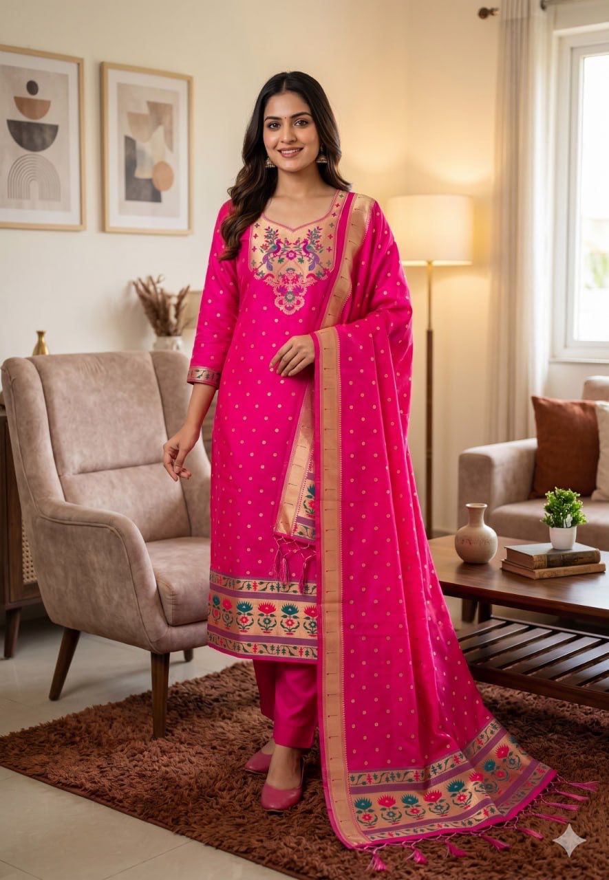Pink Pure Zari Banarasi Silk Kurti Pant Dupatta Set 