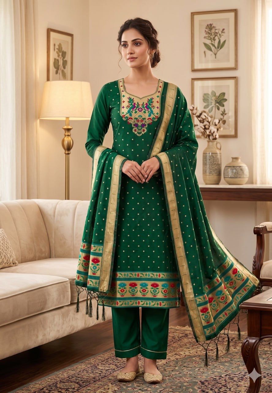 Green Pure Zari Banarasi Silk Kurti Pant Dupatta Set 