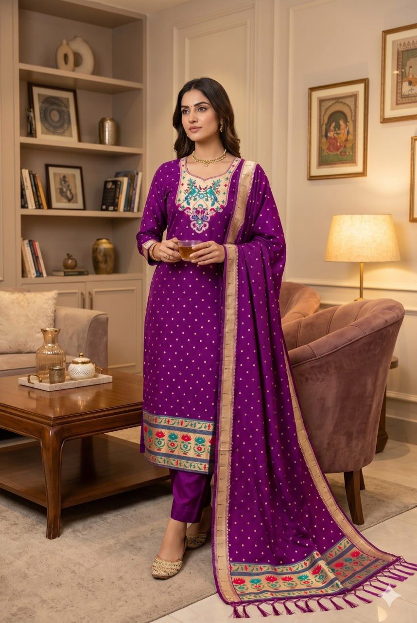 Purple Pure Zari Banarasi Silk Kurti Pant Dupatta Set 