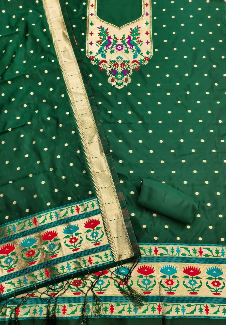 Green Pure Zari Banarasi Silk Kurti Pant Dupatta Set 