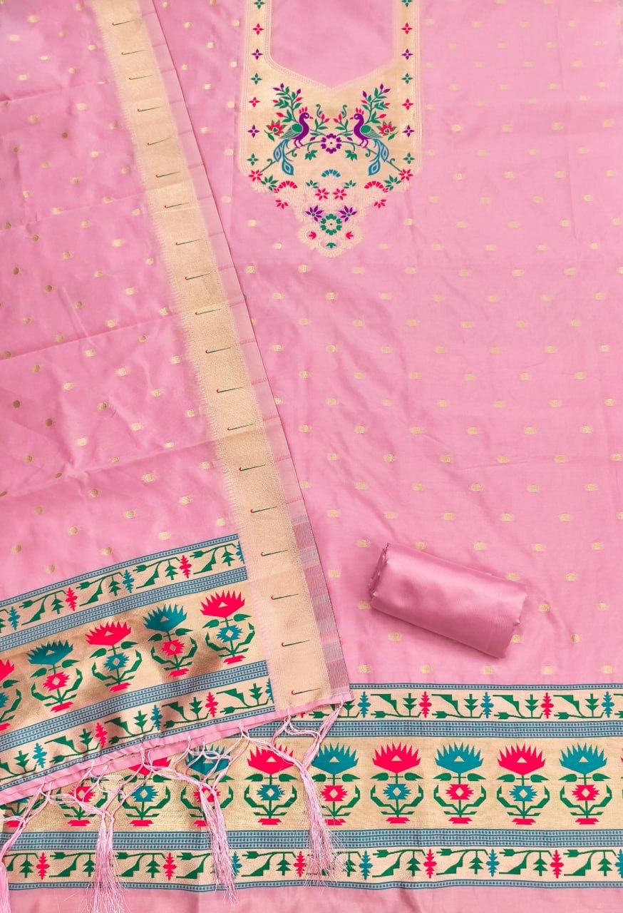 Baby Pink Pure Zari Banarasi Silk Kurti Pant Dupatta Set 