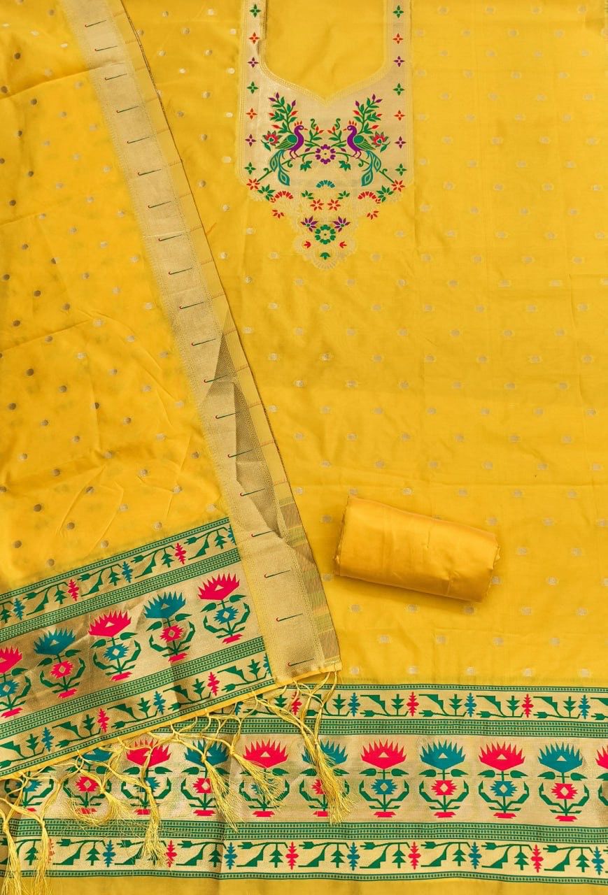Yellow Pure Zari Banarasi Silk Kurti Pant Dupatta Set 