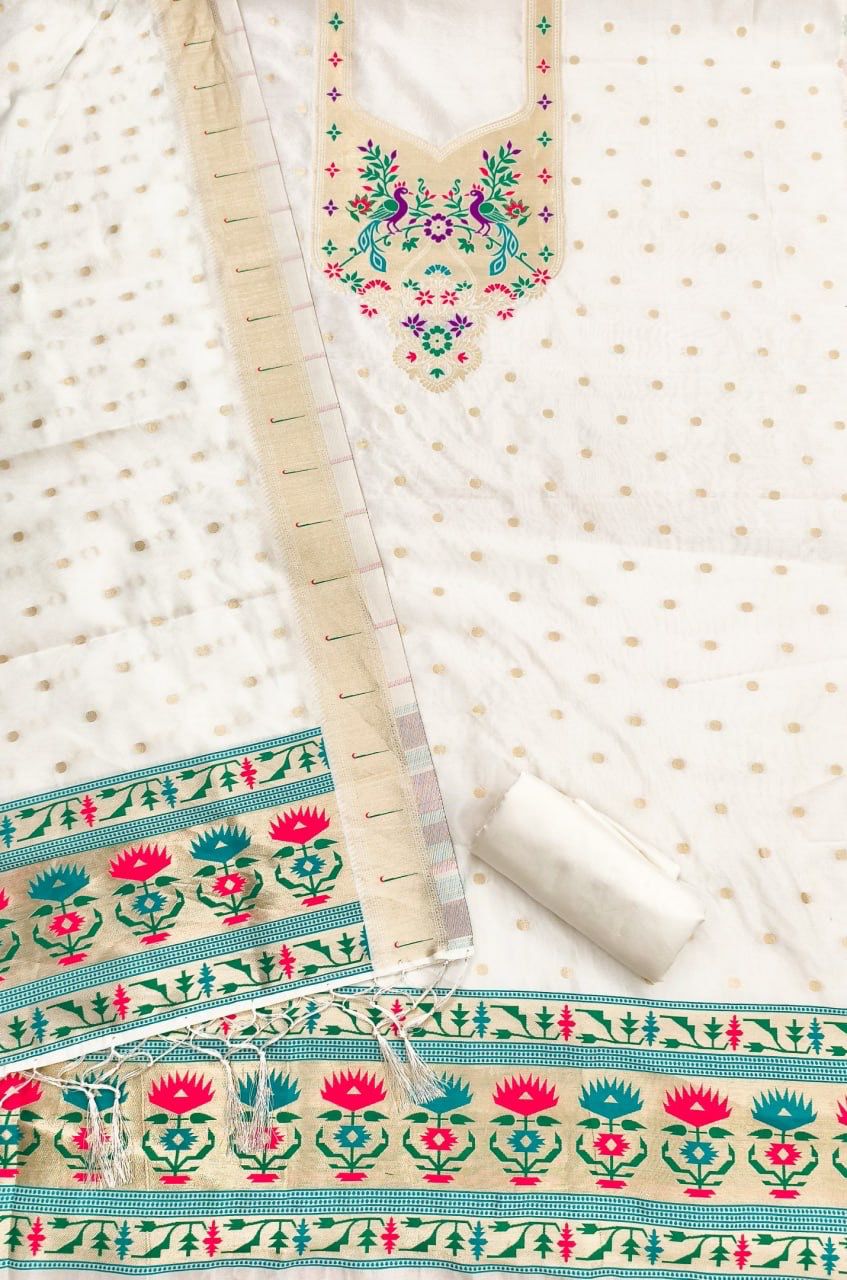 White Pure Zari Banarasi Silk Kurti Pant Dupatta Set 